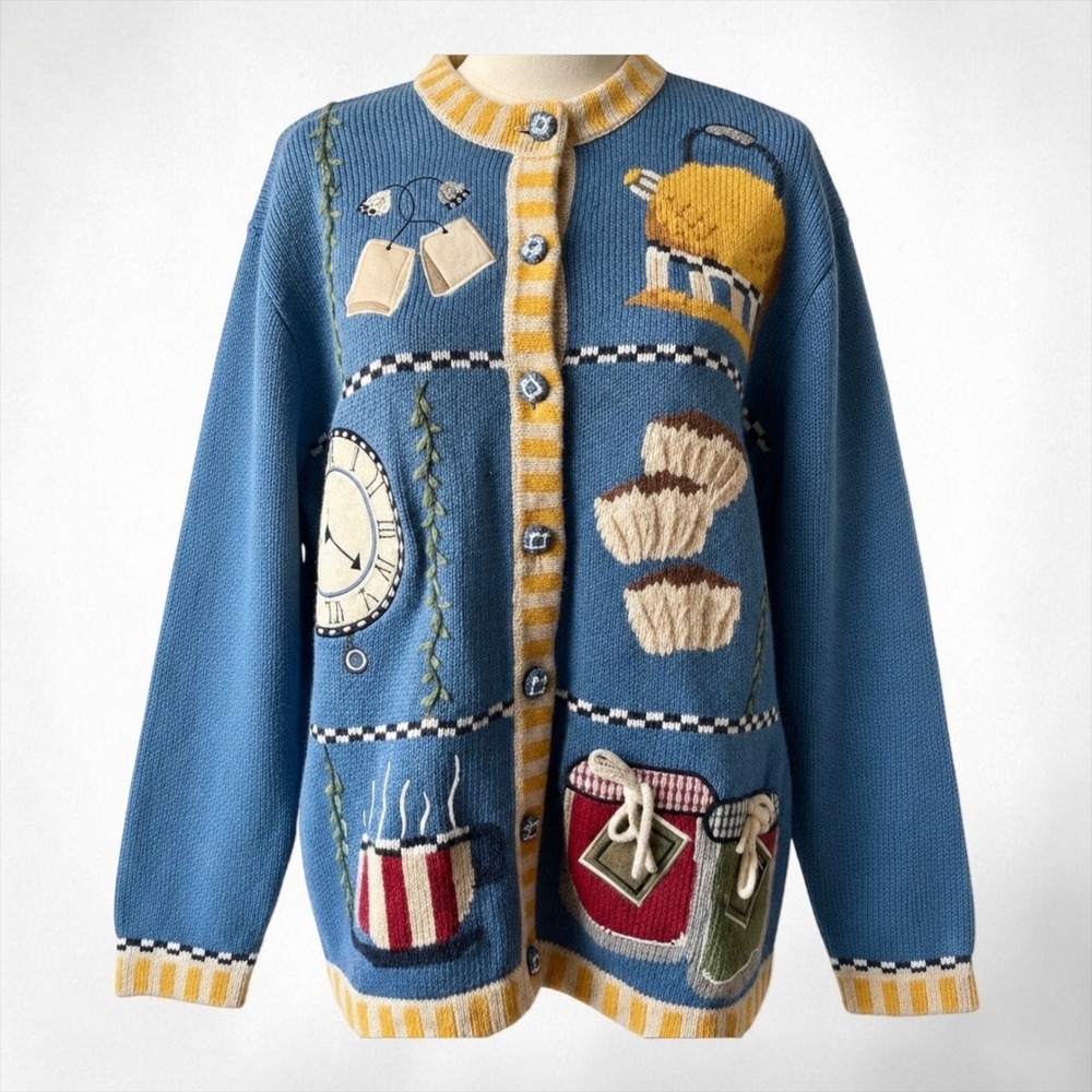 Vintage Quacker Factory Cardigan Teapot Teacup Sweater Women M Novelty
